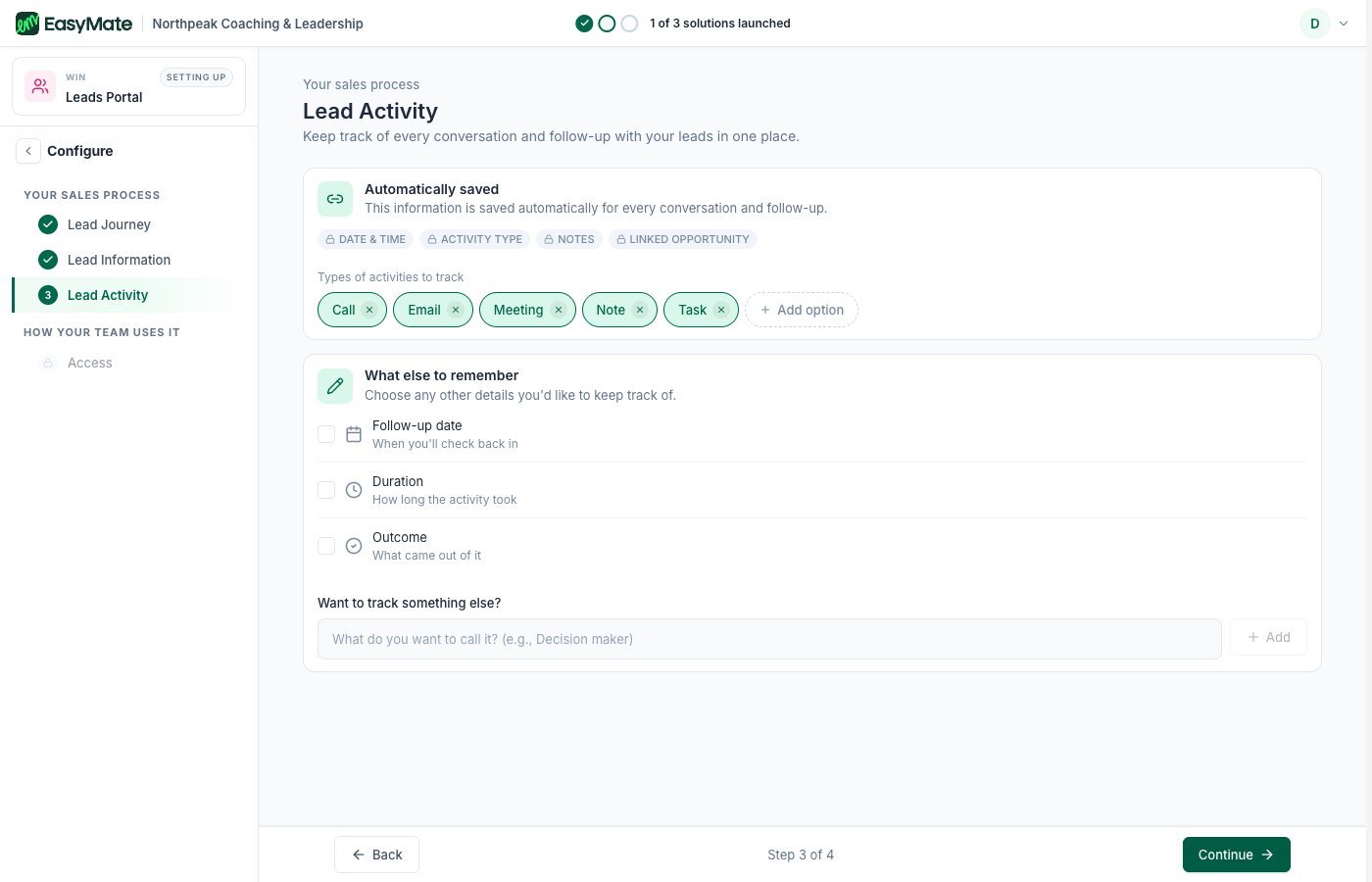 The Lead Activity step with activity types