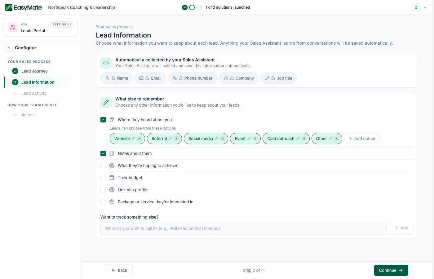 The Lead Information step showing fields collected by the Sales Assistant