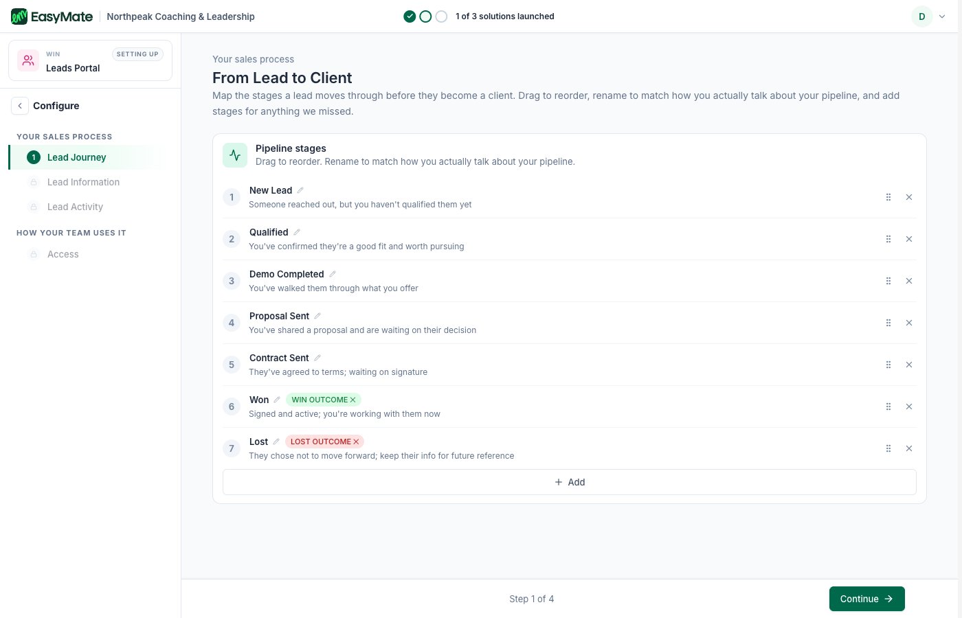 The Lead Journey setup step with pipeline stages
