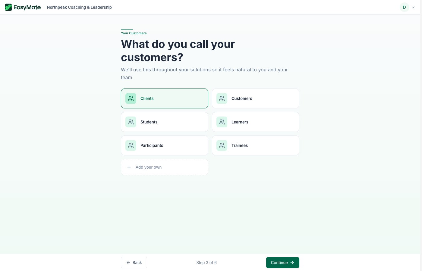 The step asking what you call your customers