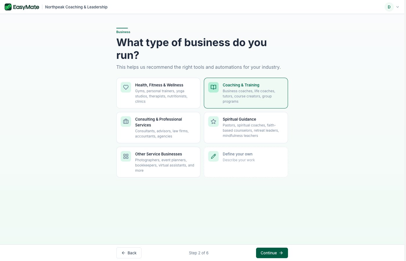 The industry step with business type options