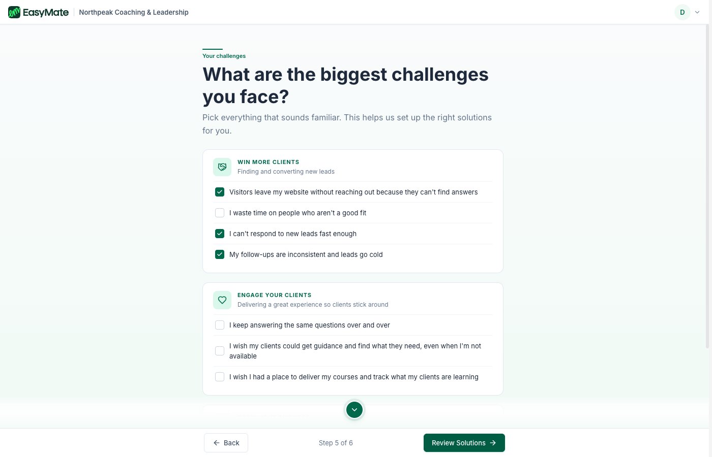 The challenges step, with options grouped into win, engage, and grow
