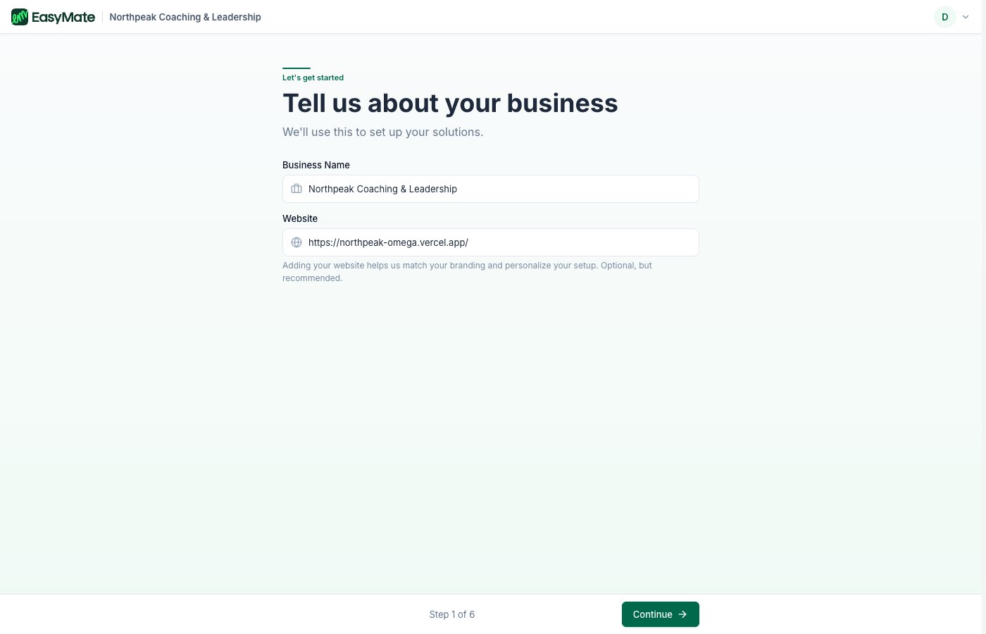 The first onboarding step asking for your business name and website