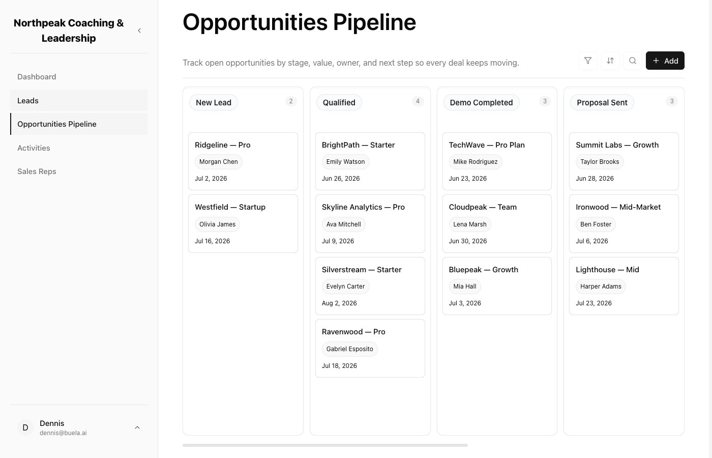 The Opportunities Pipeline board with deals in stage columns