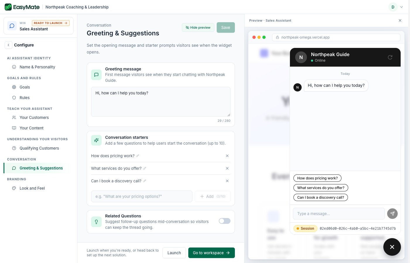 The Greeting and Suggestions step with a chat preview