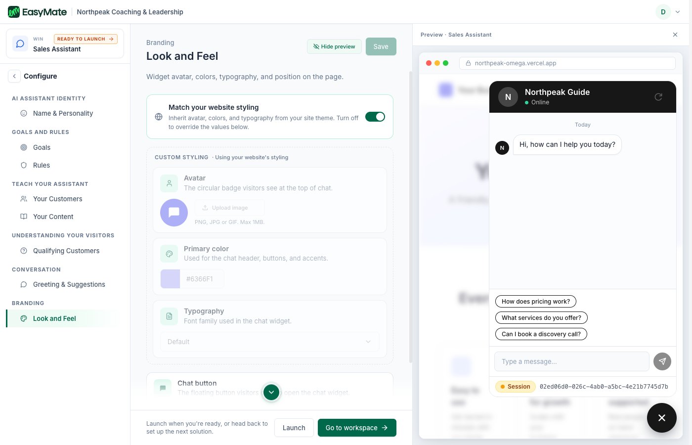 The Look and Feel step for the chat widget