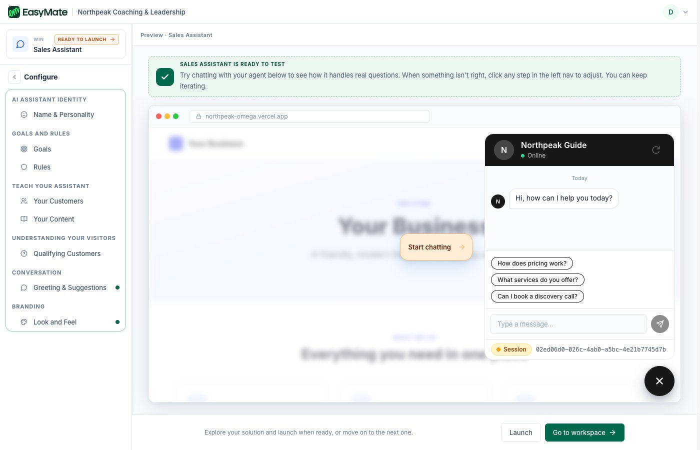 The preview and test step with a live chat