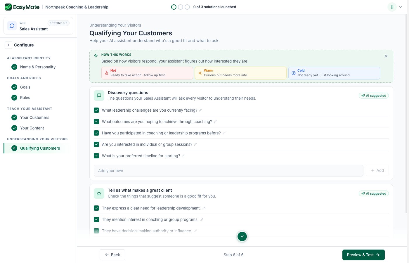 The Qualifying step with discovery questions and good-fit signals