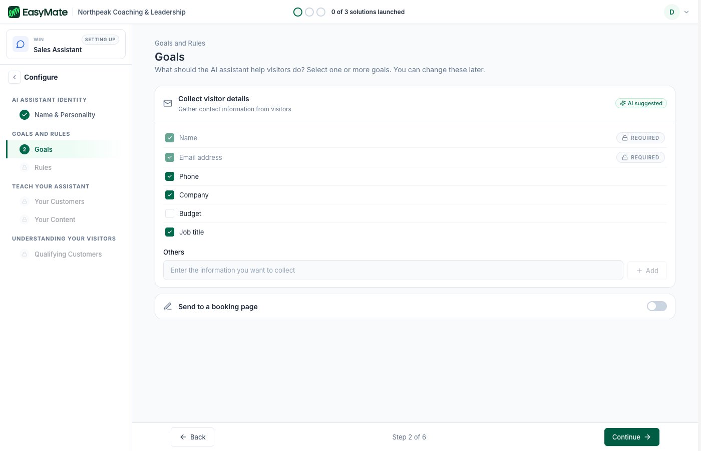 The Goals setup step with options for what the assistant should do