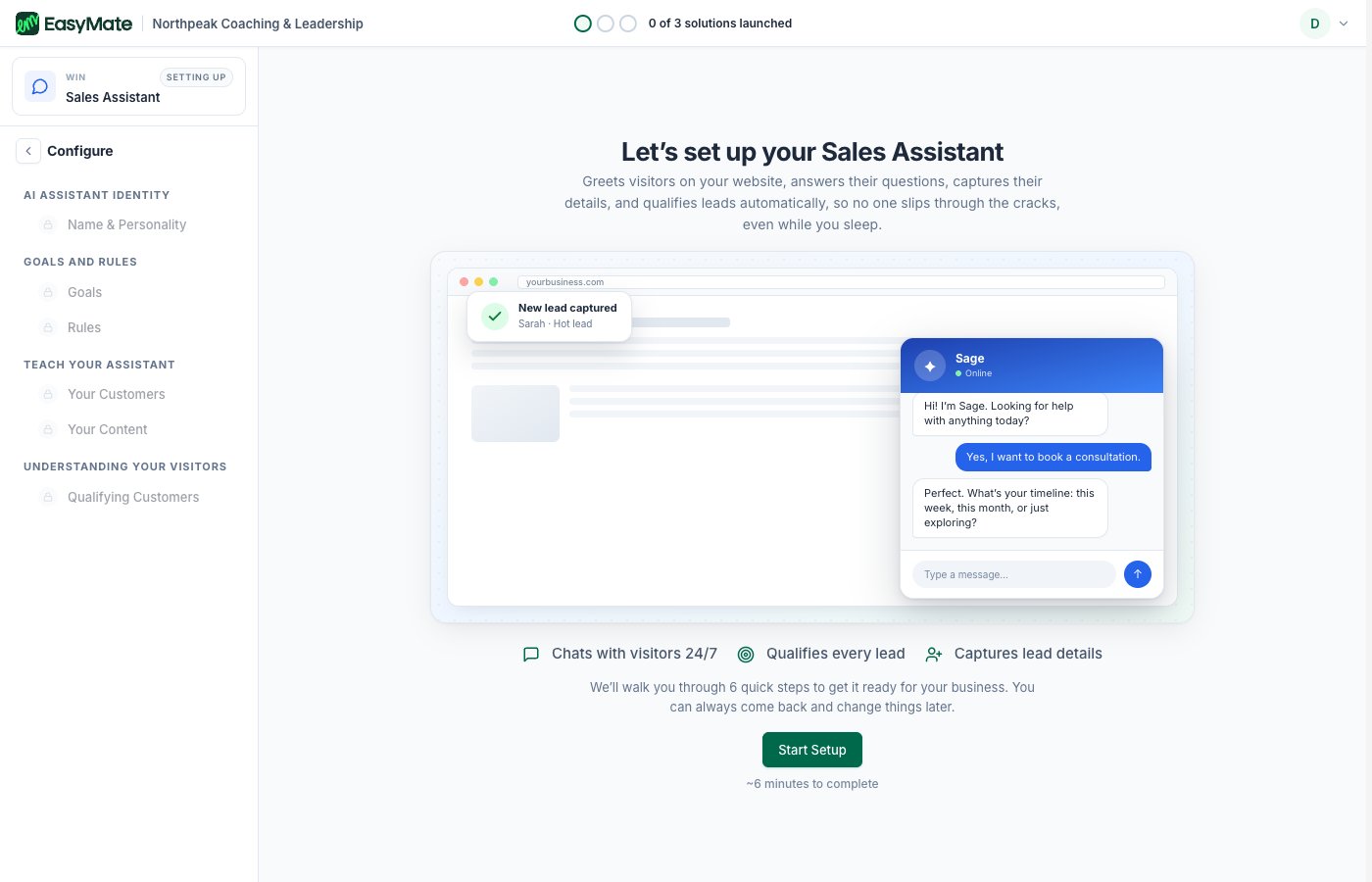 The Sales Assistant intro screen with a preview and Start Setup button
