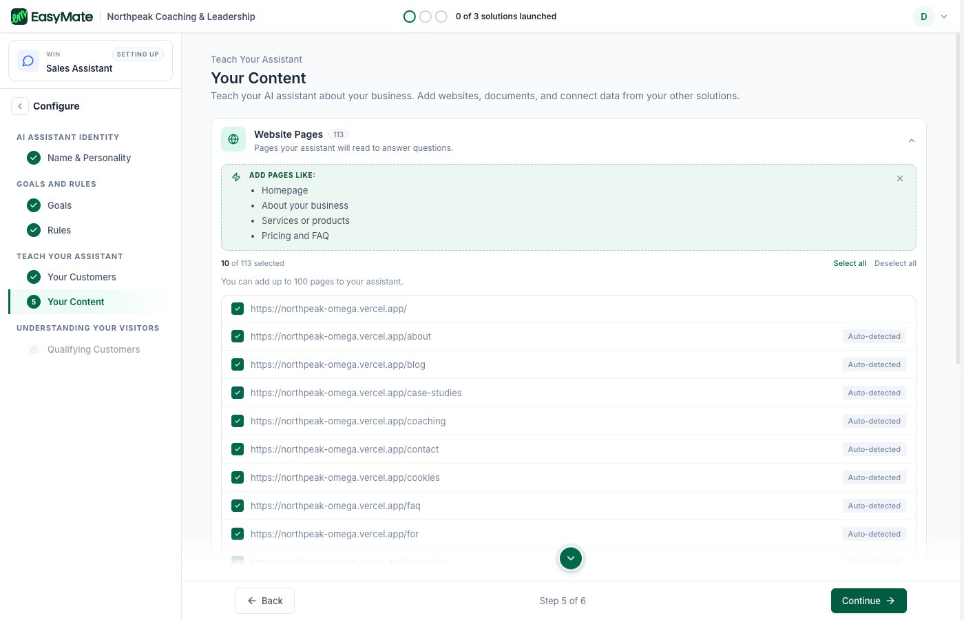 The Your Content step for adding websites and documents