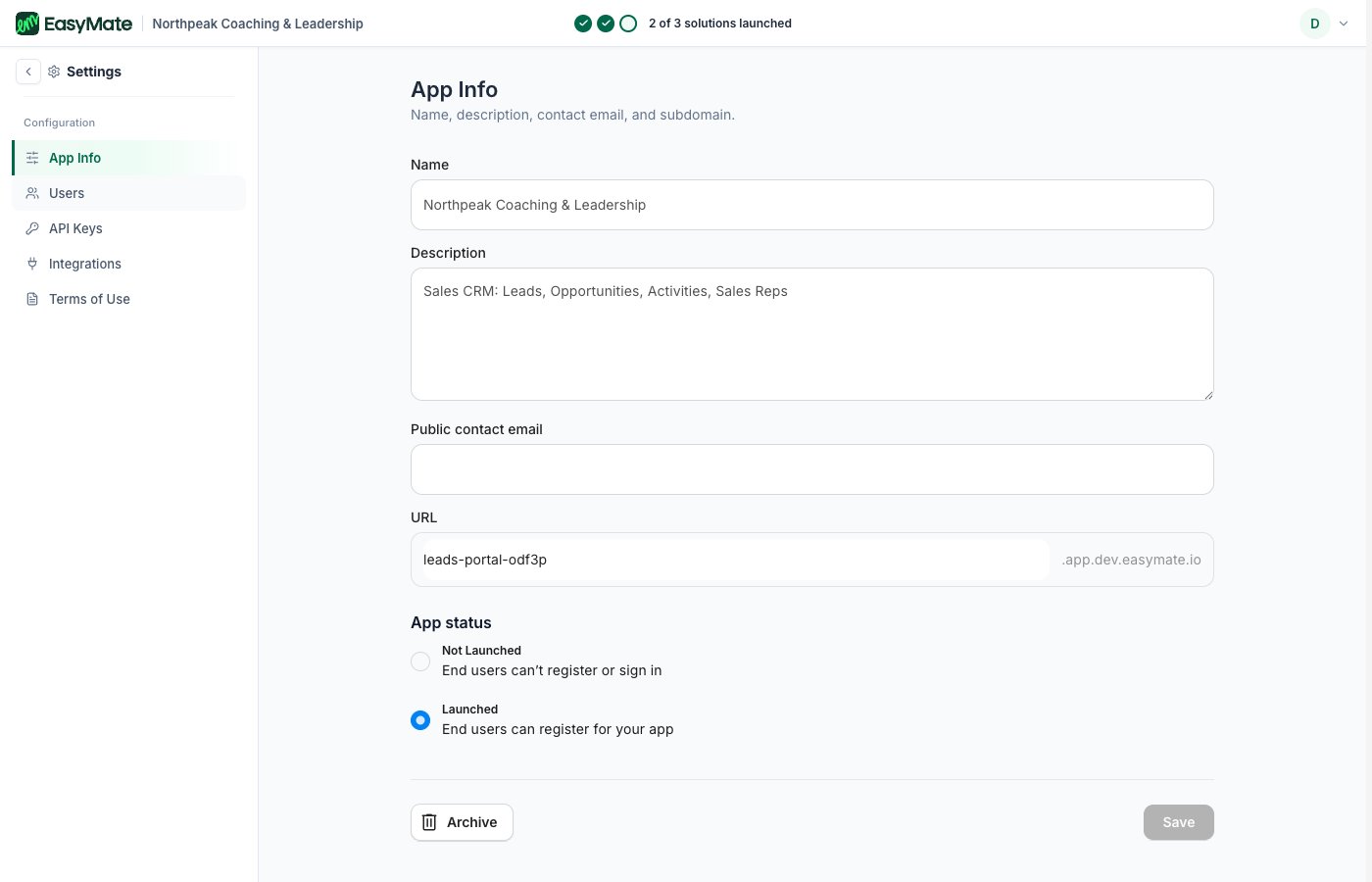 The App Info settings page with name, description, URL, and app status