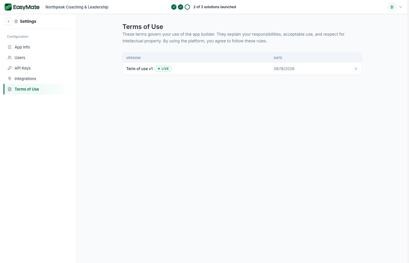 The Terms of Use settings page