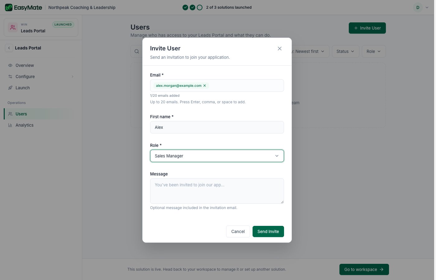 The Invite User dialog with email, name, role, and message fields