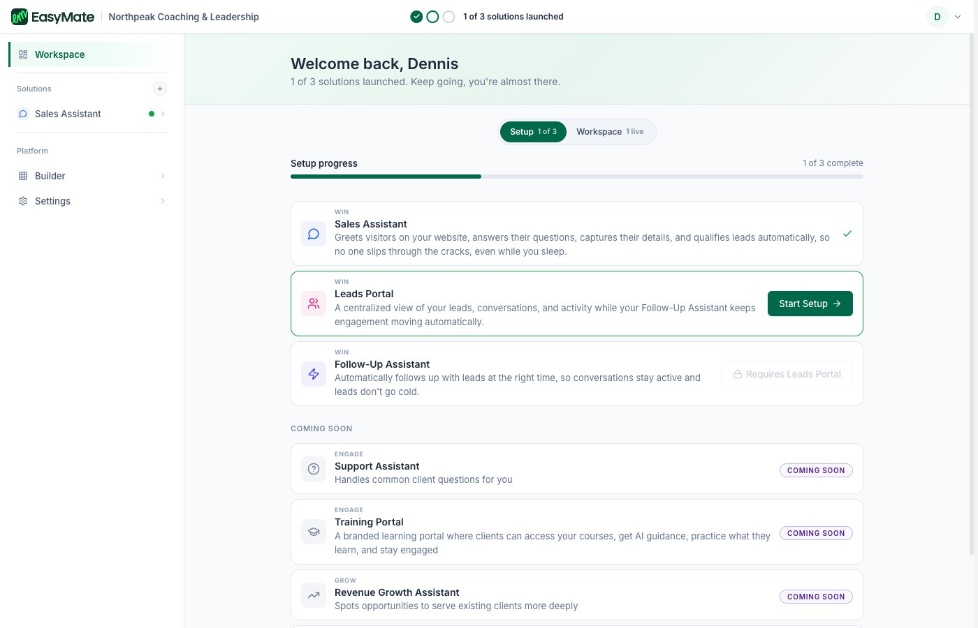 The Setup view listing each solution with its status