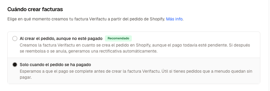 Configuración de cuándo crear facturas en Shopify