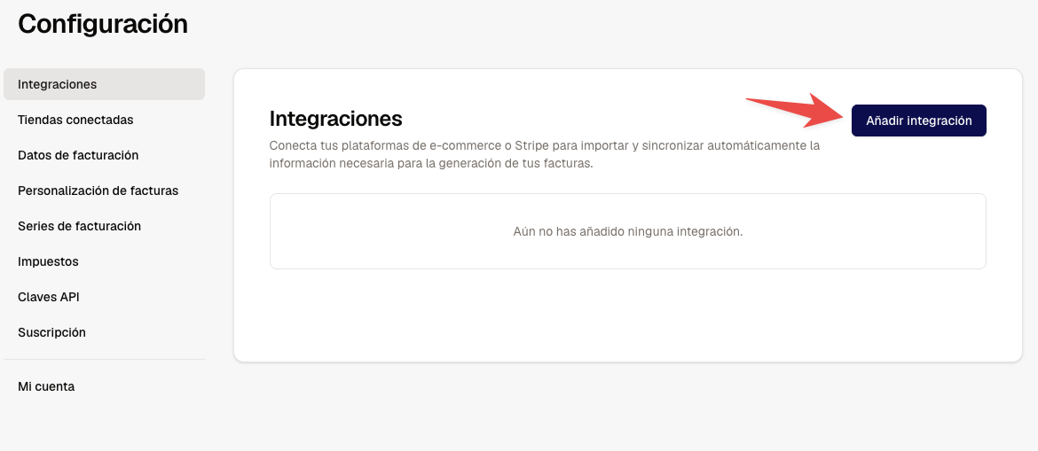 Página de Integraciones de Finseed con el botón Añadir integración
