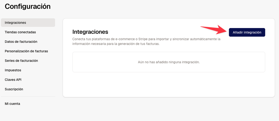 Página de Integraciones de Finseed con el botón Añadir integración