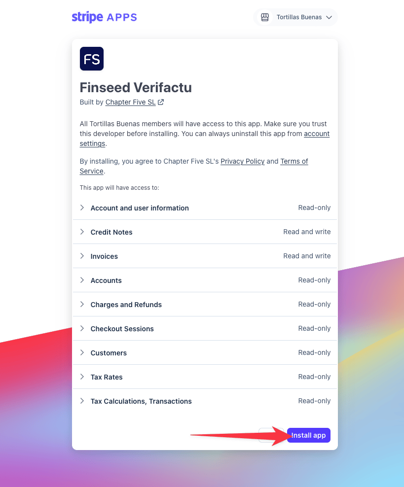 Pantalla de autorización de Stripe con los permisos de Finseed y el botón Install app