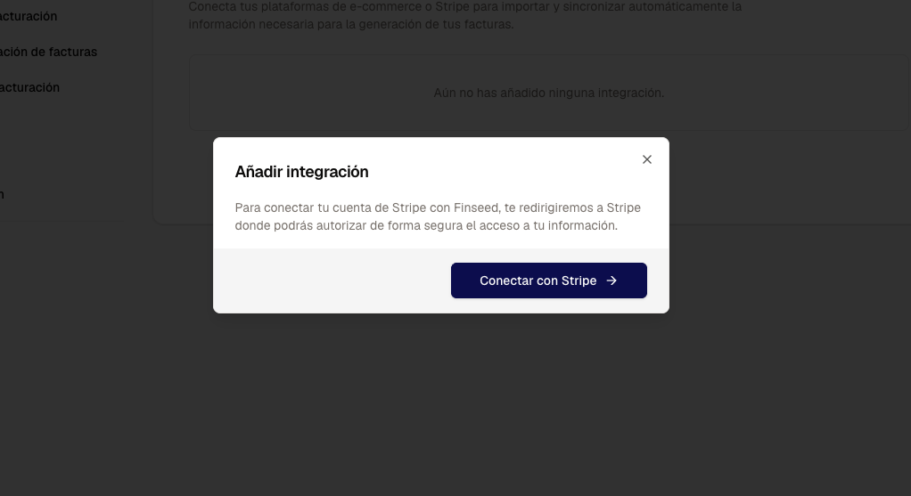 Ventana para añadir una integración con el botón Conectar con Stripe