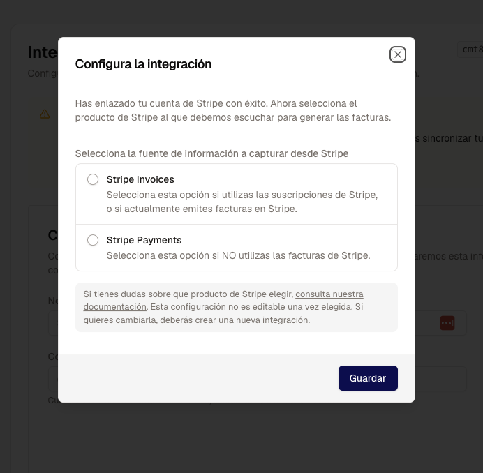 Ventana Configura la integración con las opciones Stripe Invoices y Stripe Payments