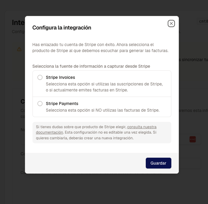 Ventana Configura la integración con las opciones Stripe Invoices y Stripe Payments