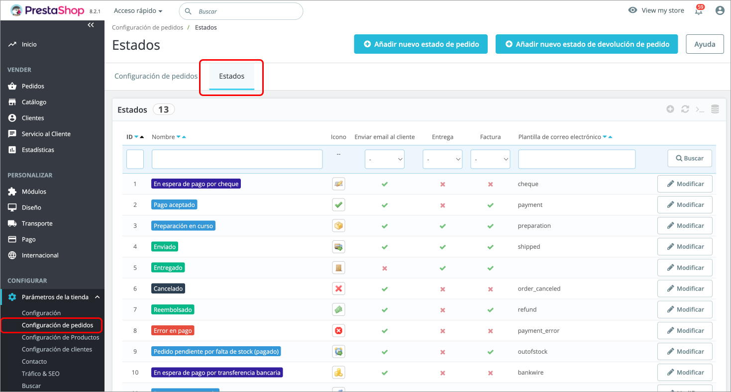Prestashop Configurar Estados