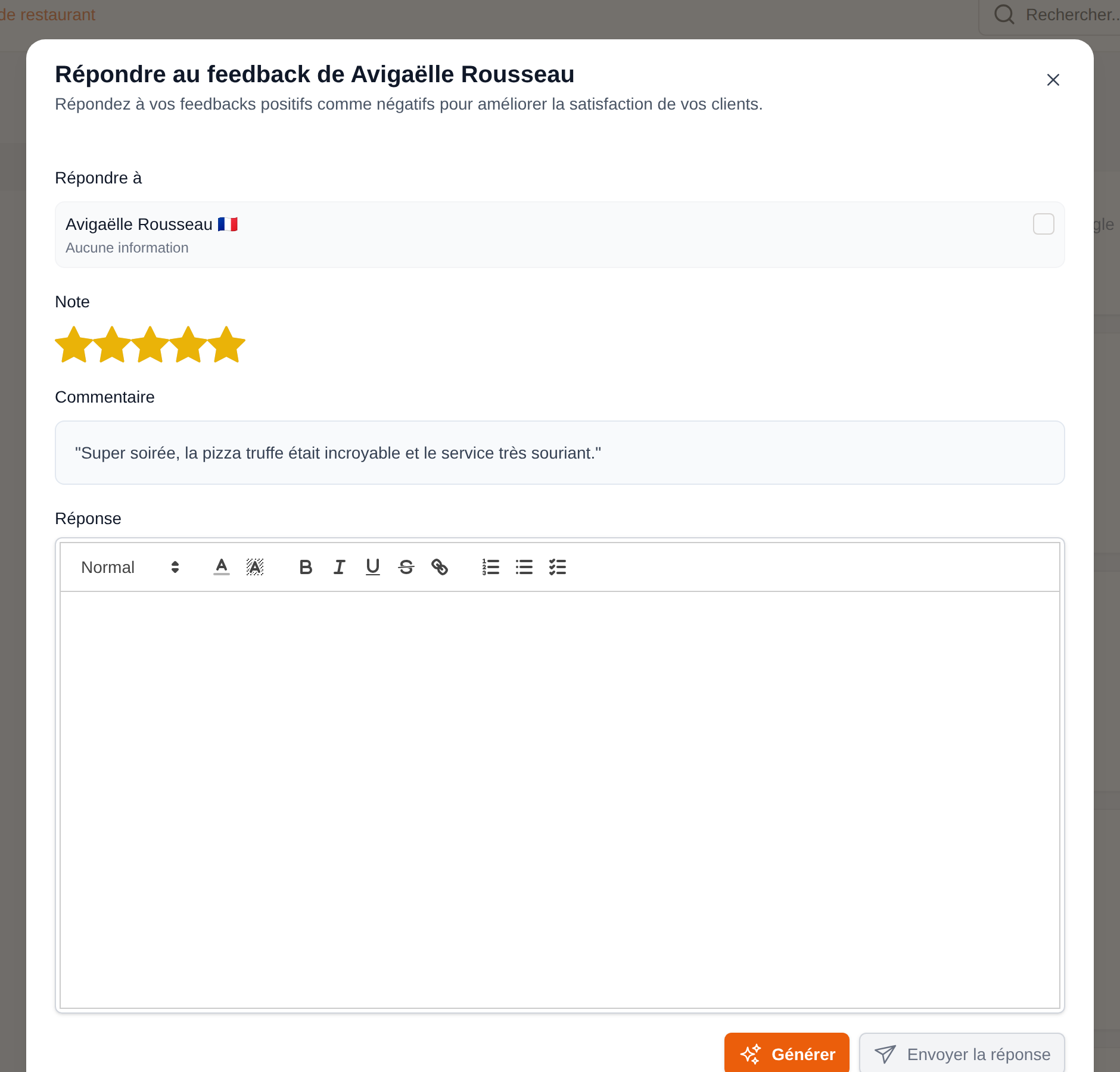 The reply modal showing the rating, the comment and the answer editor