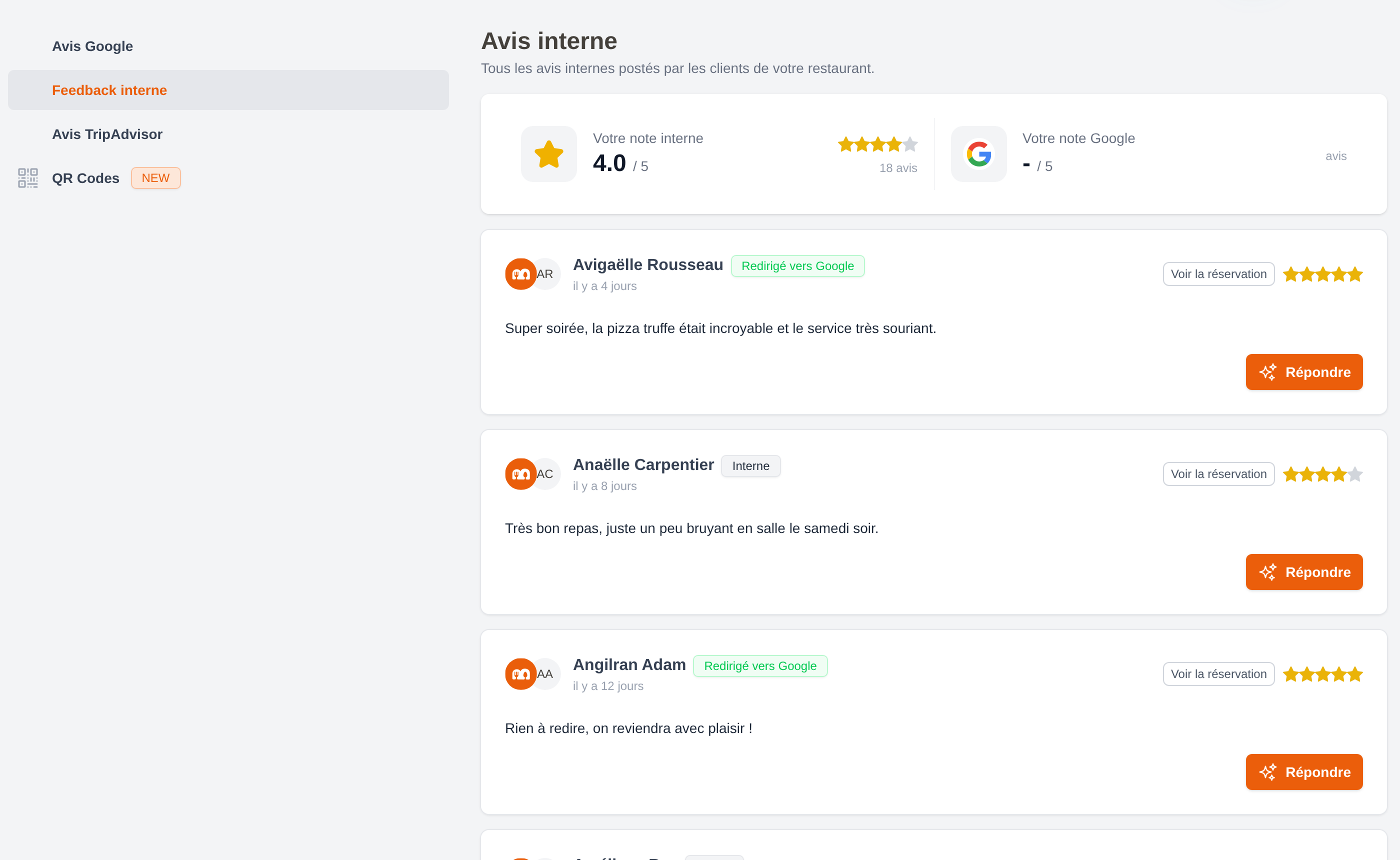 The Internal feedback tab listing guest ratings with Internal and Redirected to Google badges