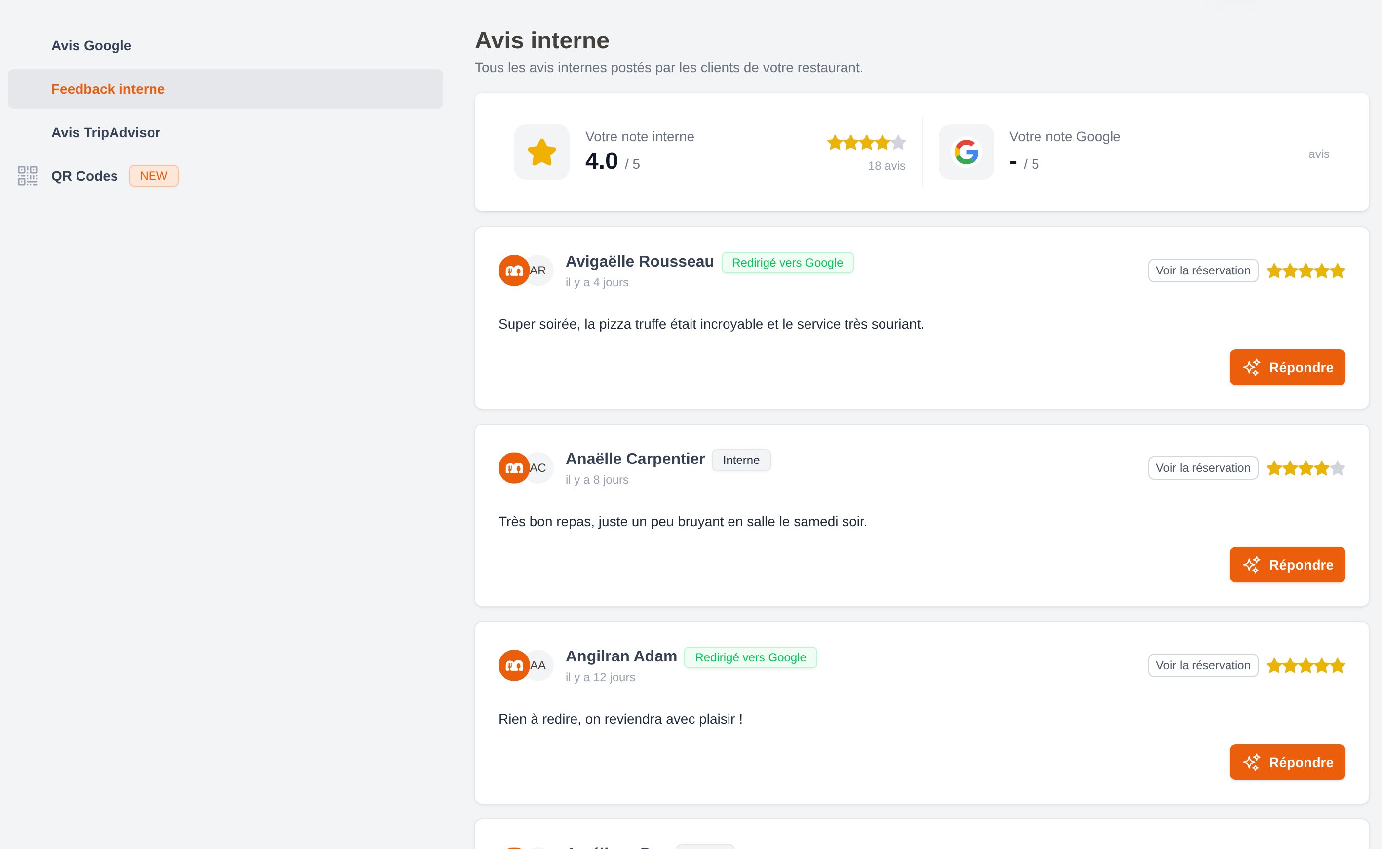 The Reviews page showing the Internal feedback tab with a list of guest ratings