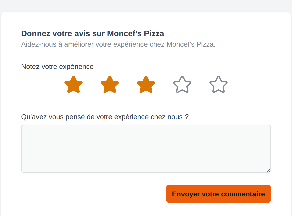 The guest-facing page with three stars selected and a comment box open