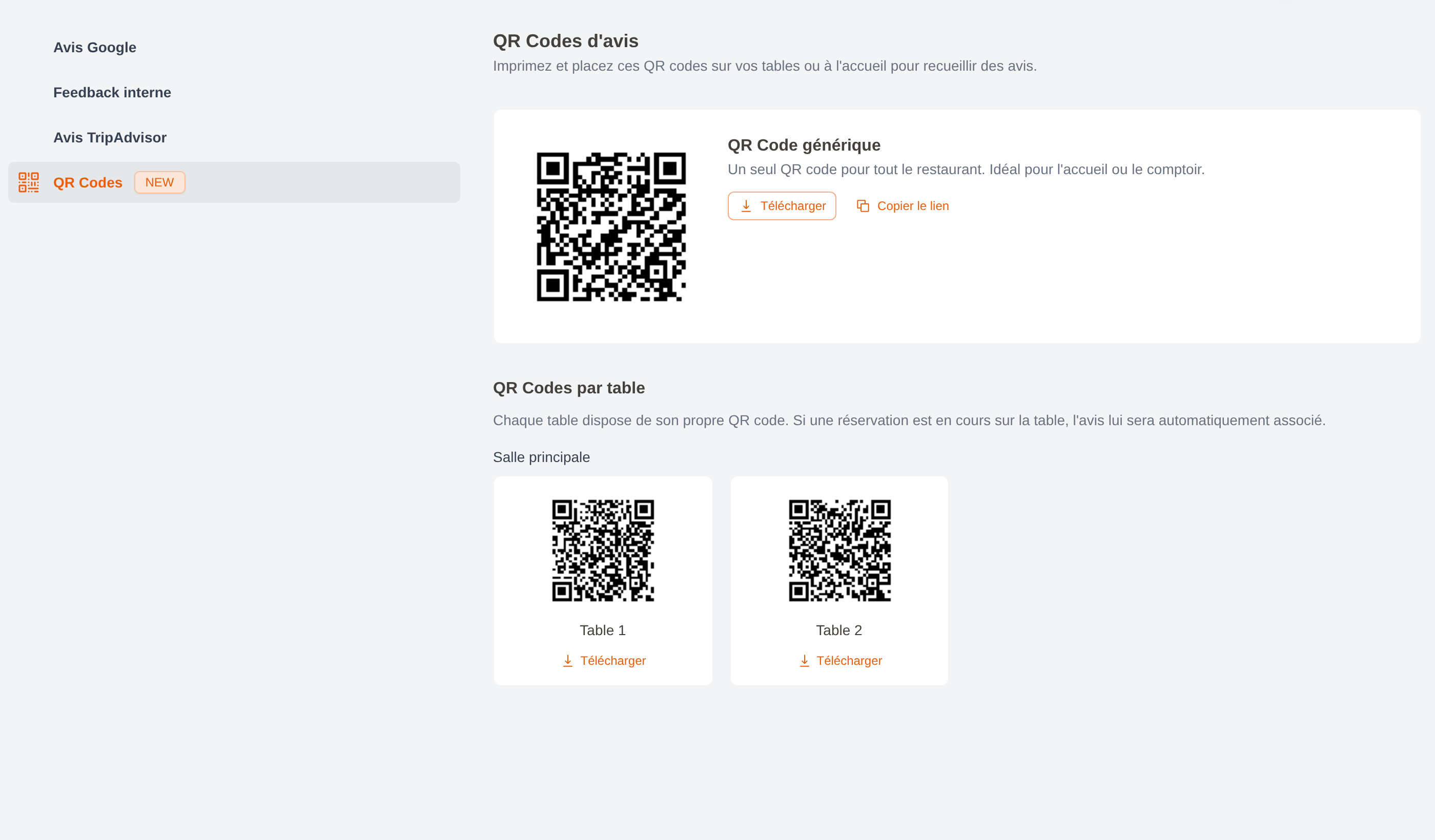 The QR Codes tab showing the generic QR code and per-table QR codes