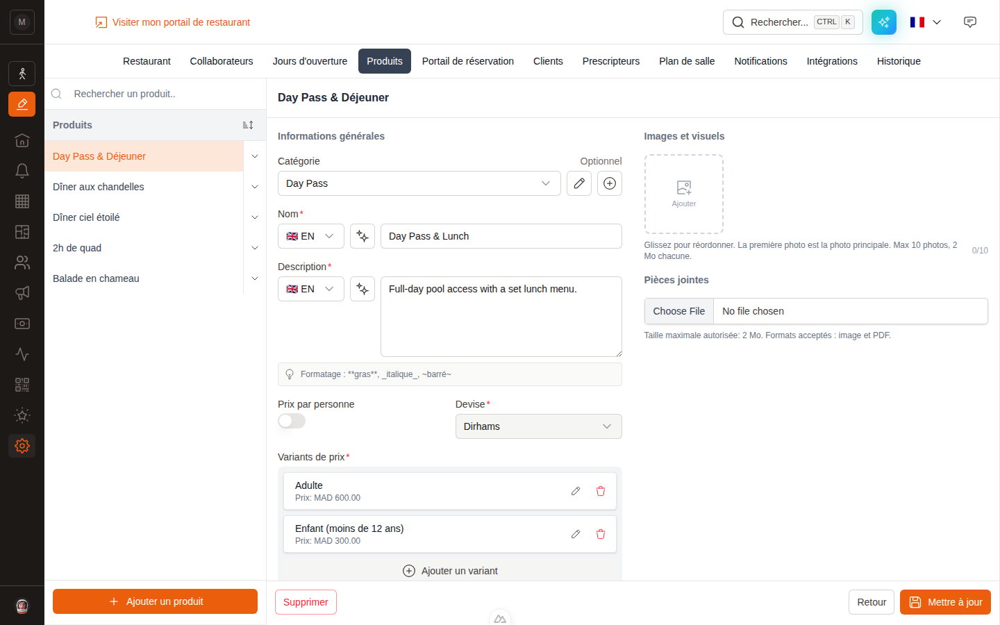 The product edit form, with the price variants listed at the bottom left