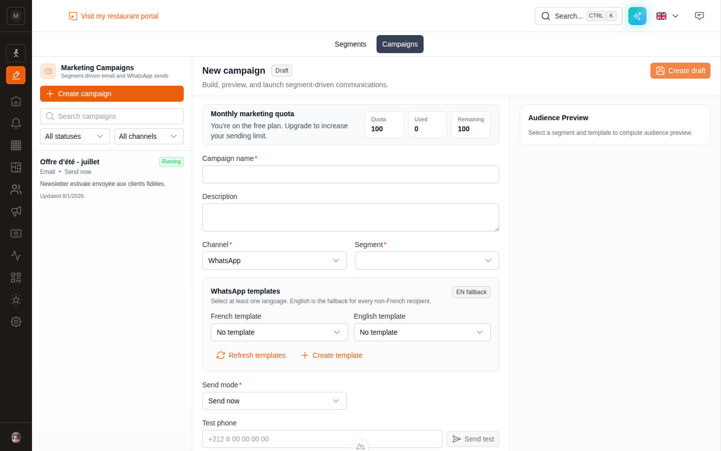 The WhatsApp campaign form with French and English templates