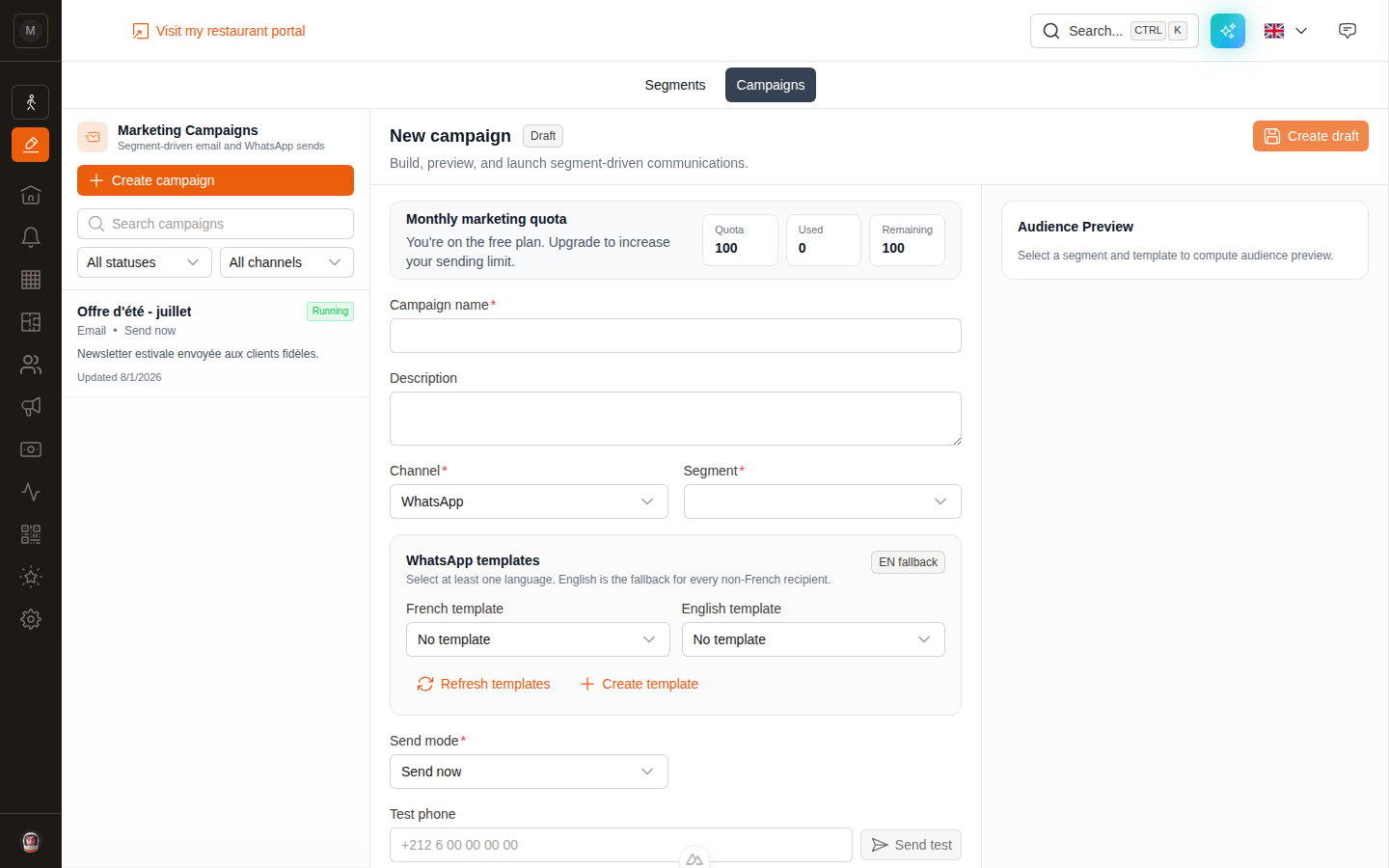 The WhatsApp campaign form with French and English templates