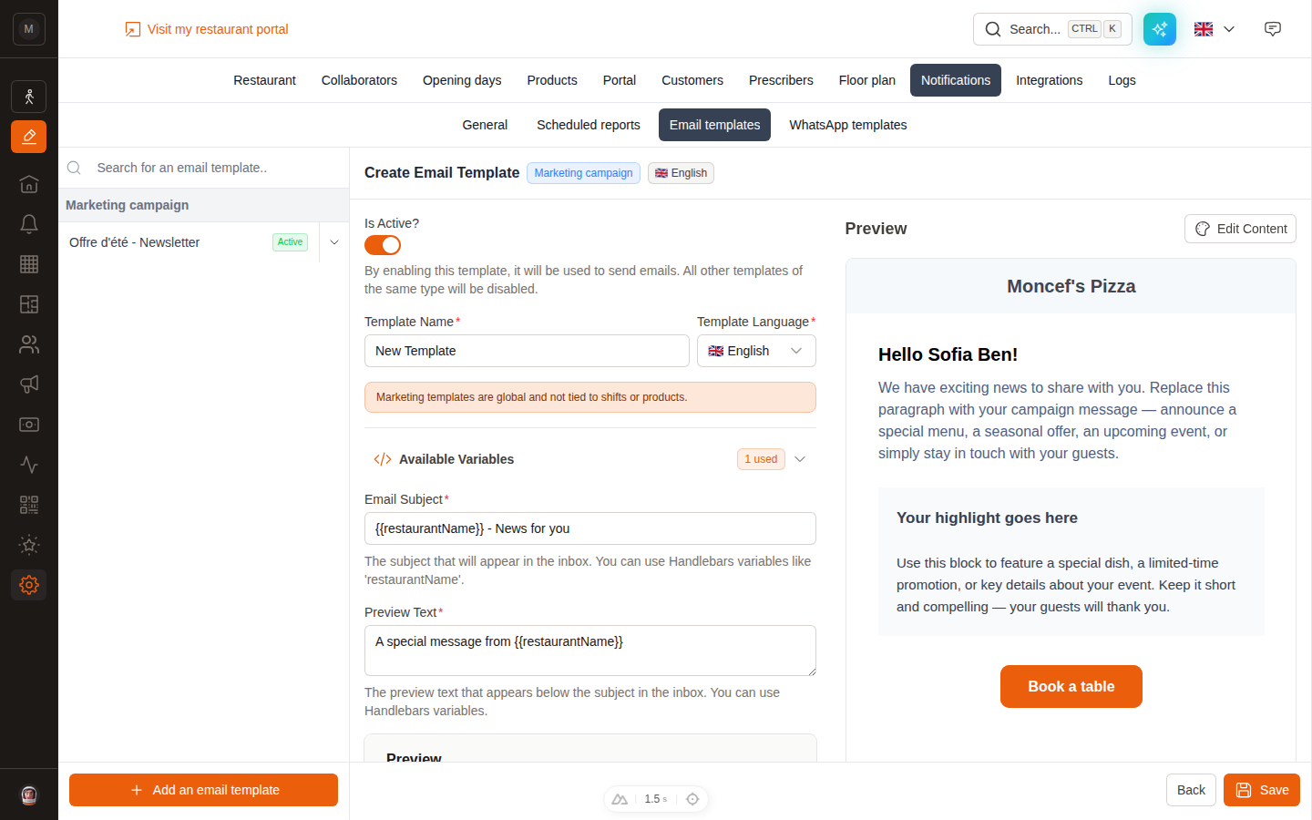 The marketing email template editor