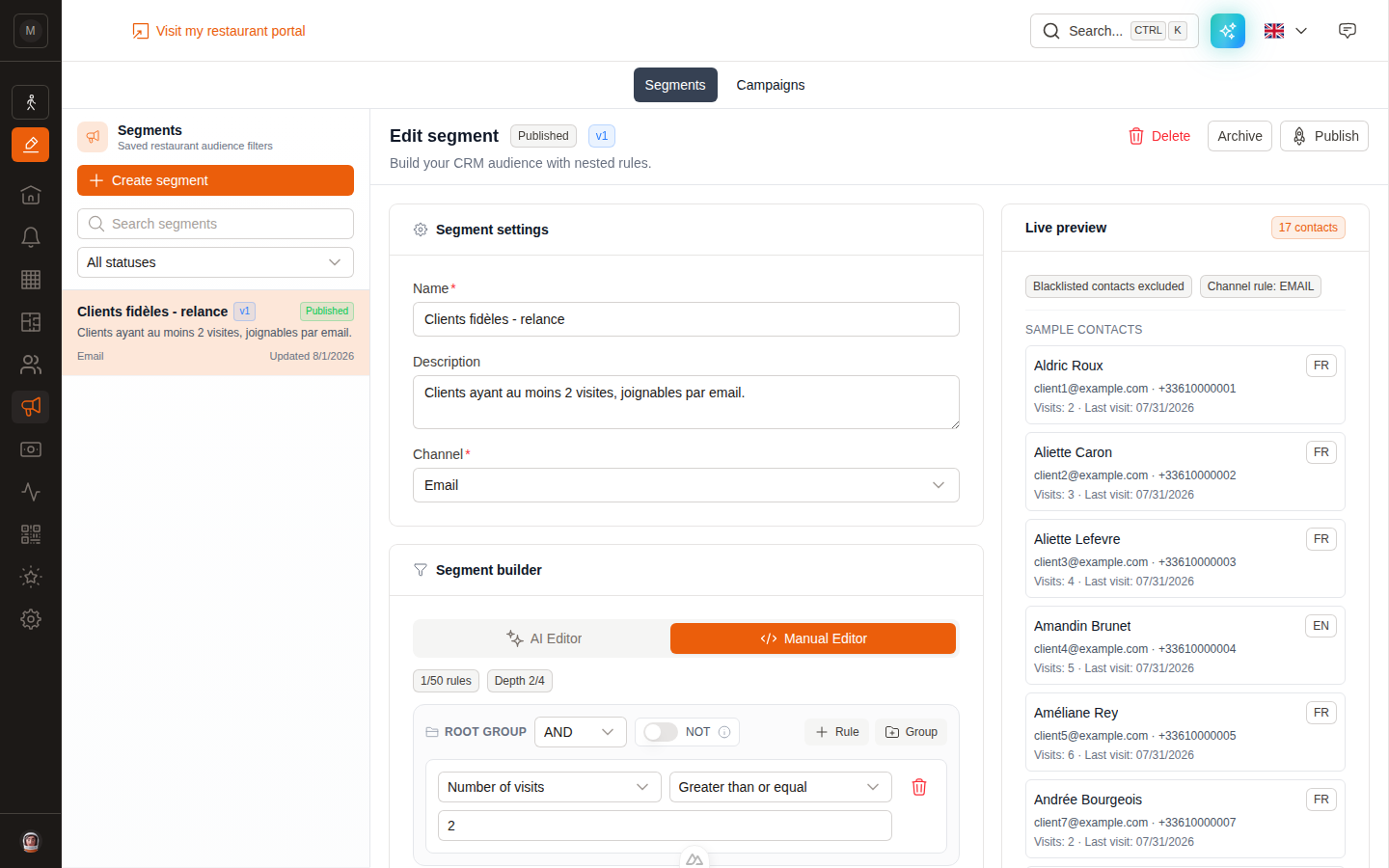 The segment rule builder with a live audience preview