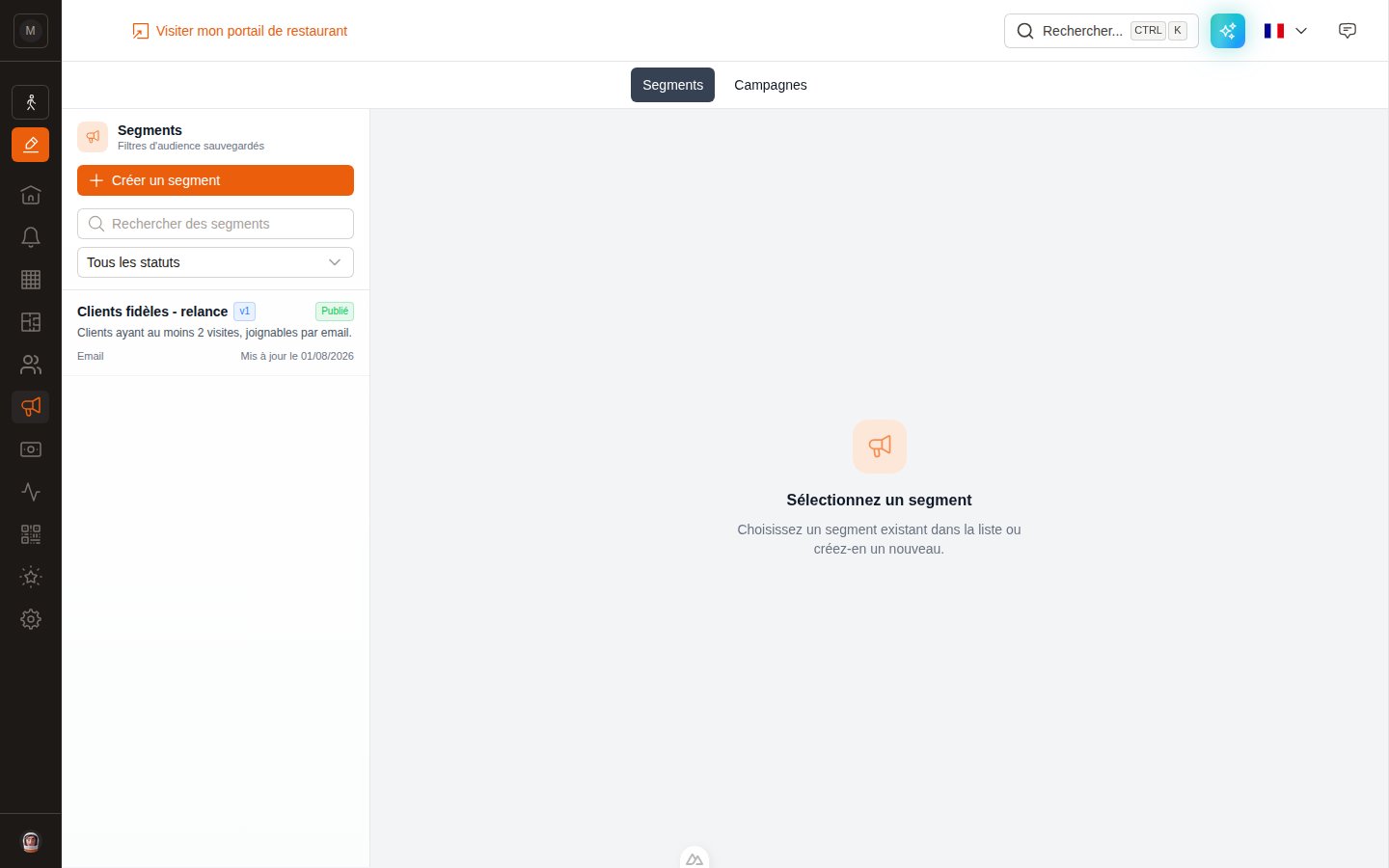 La liste des segments dans la Suite Marketing