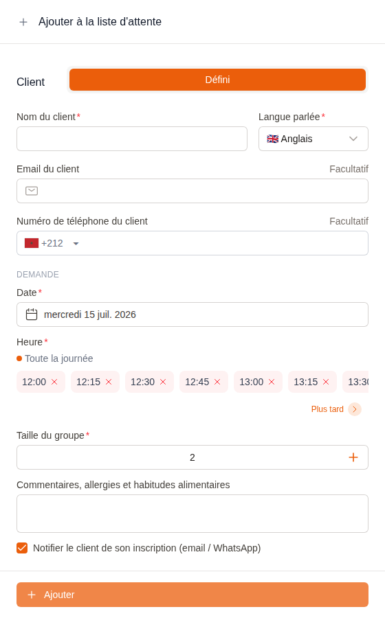 Add to waitlist form with the slot picker