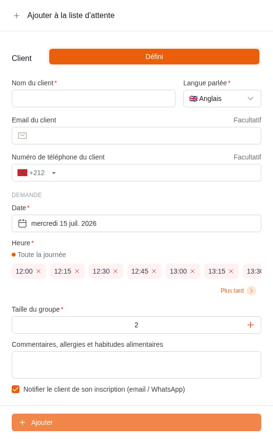 Add to waitlist form with the slot picker