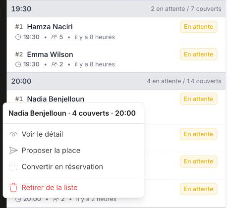 Right-click context menu on a waitlist entry