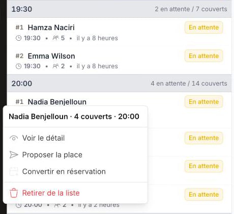 Right-click context menu on a waitlist entry