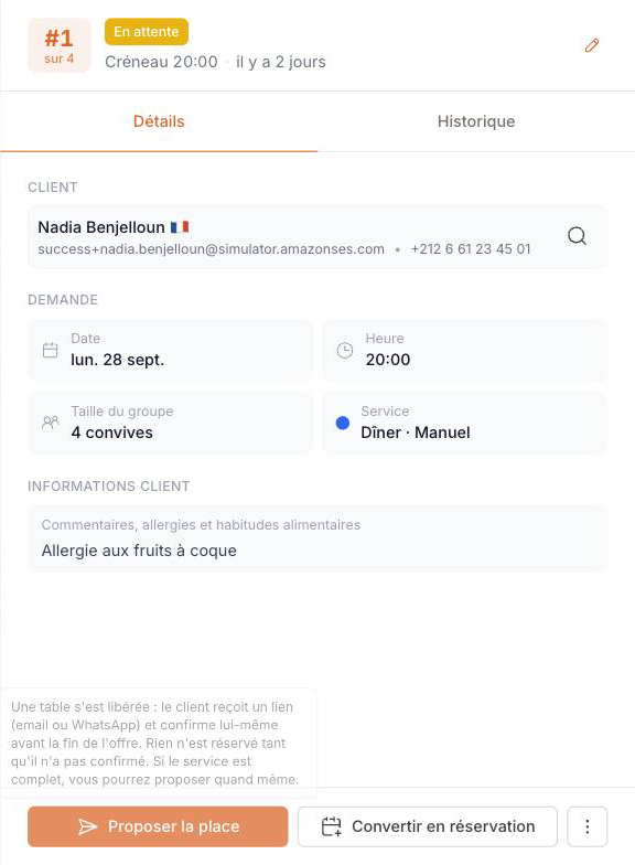 Waitlist entry drawer with the queue rank and the action hint