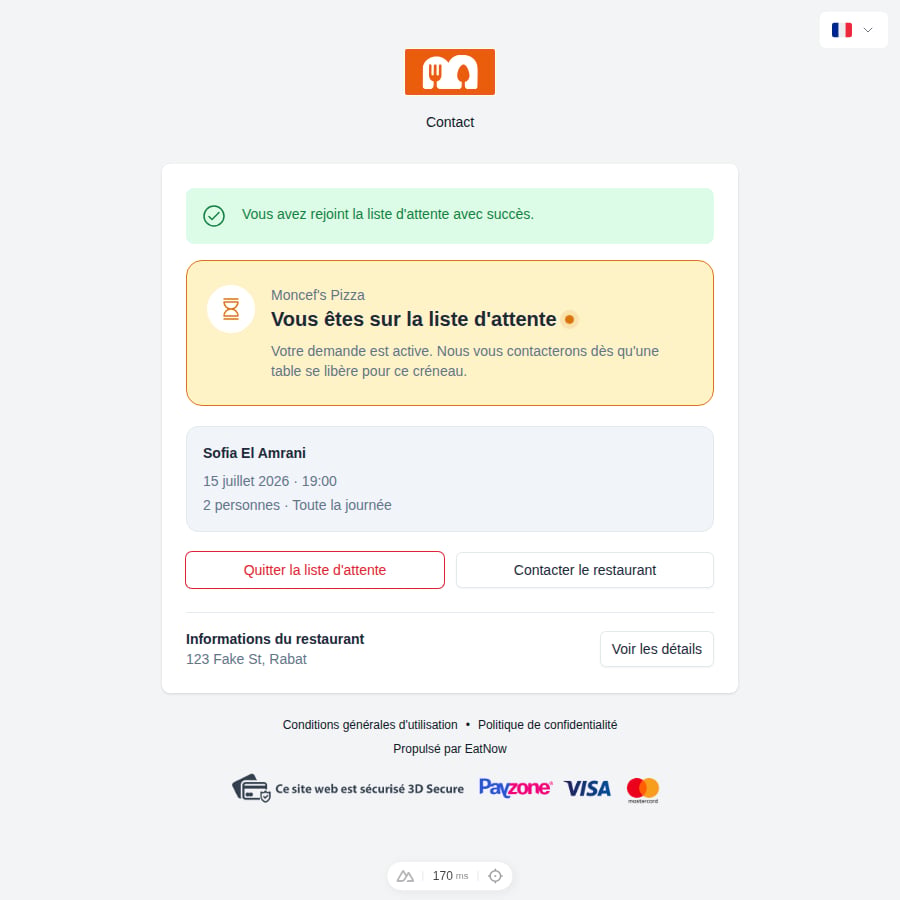 Page de suivi du client montrant une demande active en liste d'attente