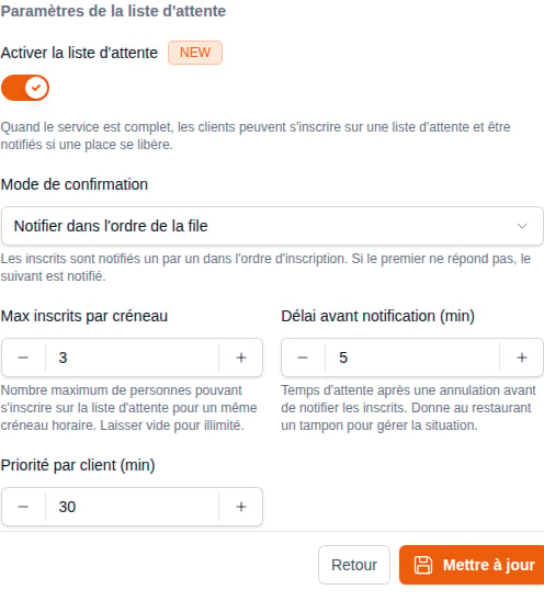 Carte des paramètres de la liste d'attente dans le formulaire de service