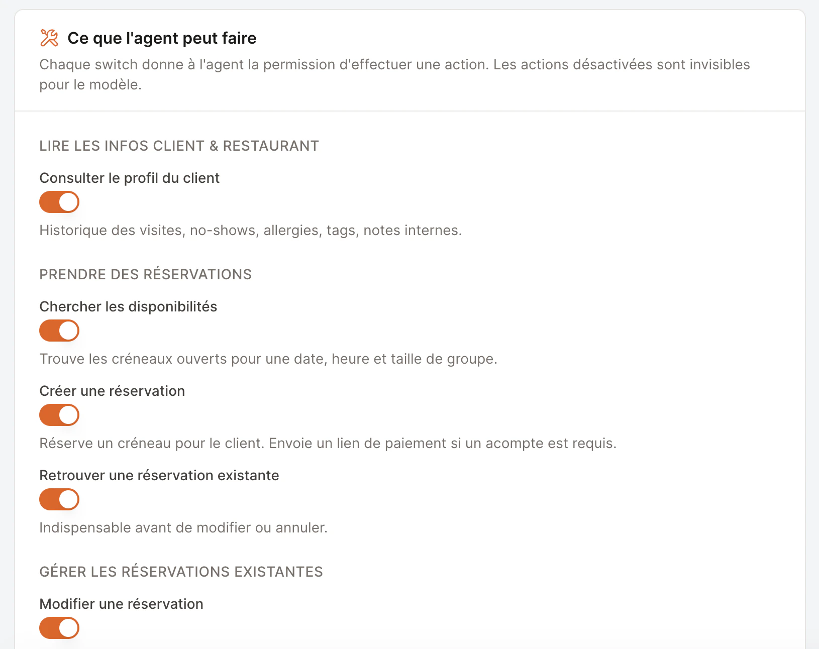 The capabilities card with grouped toggles