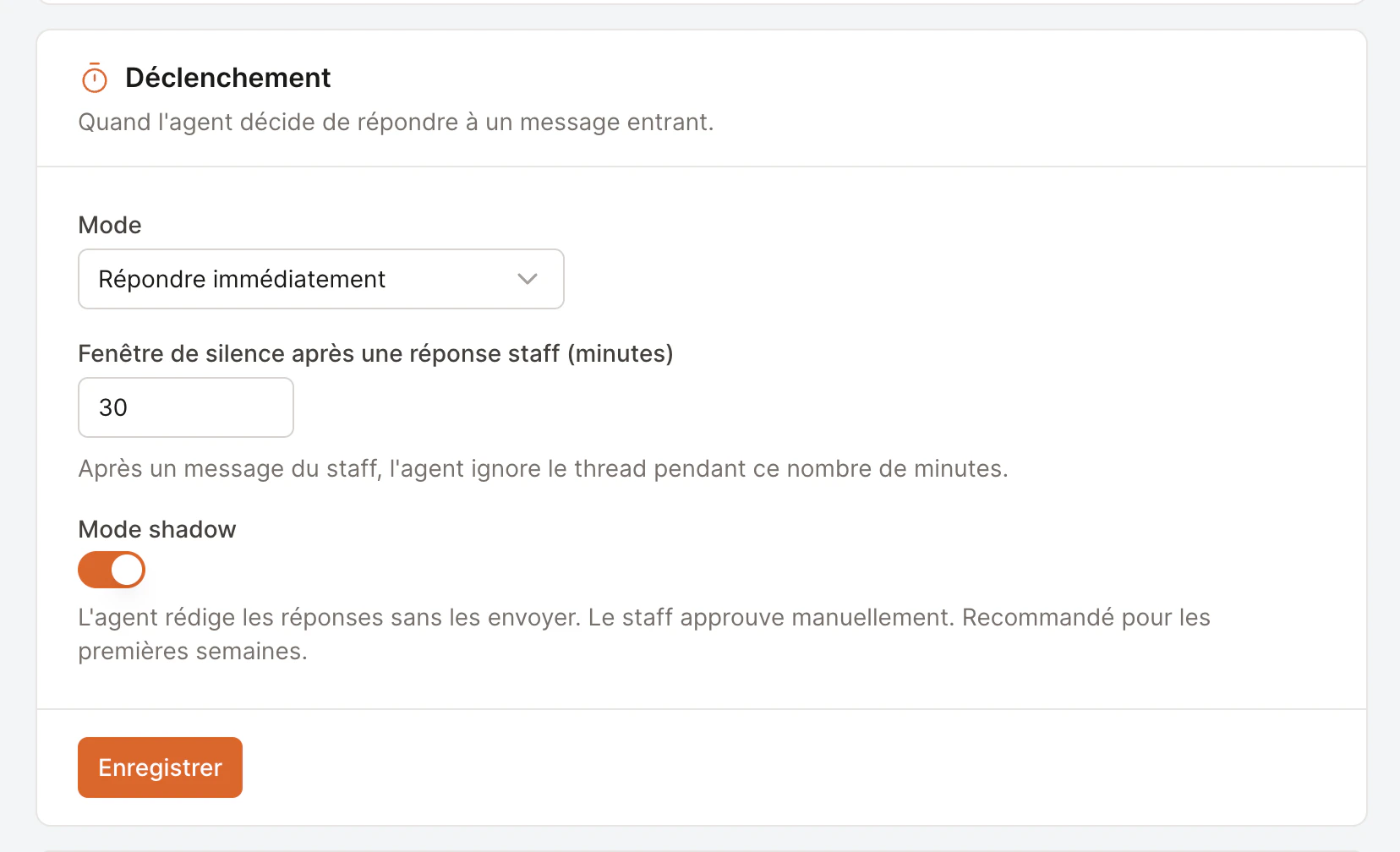The Trigger card with reply mode, silence window and shadow mode
