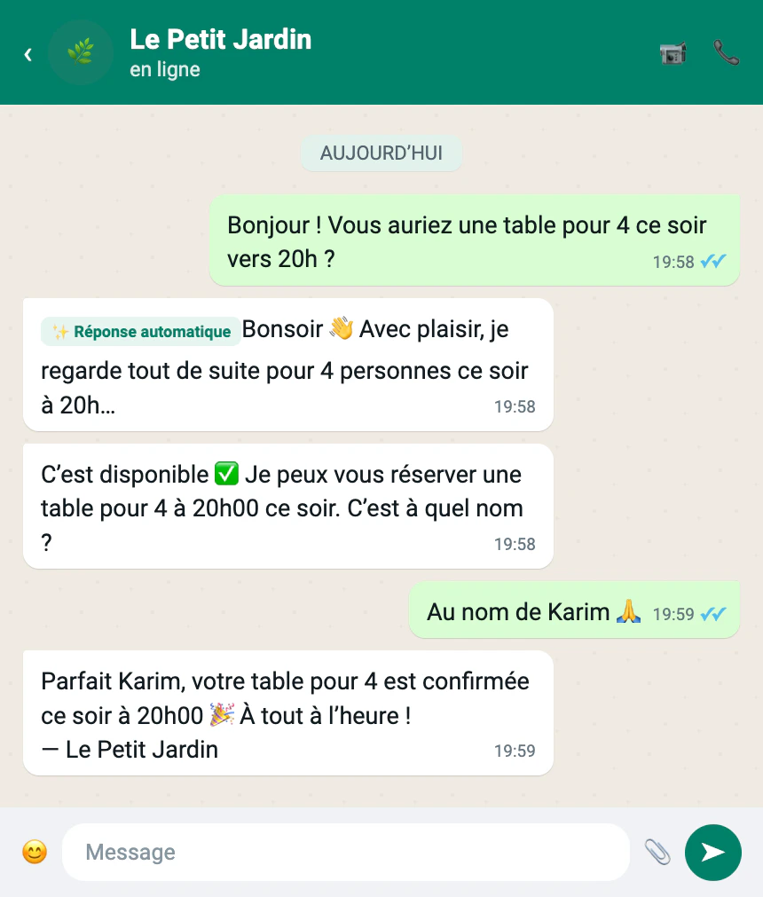 Conversation WhatsApp où l'agent IA réserve une table pour quatre