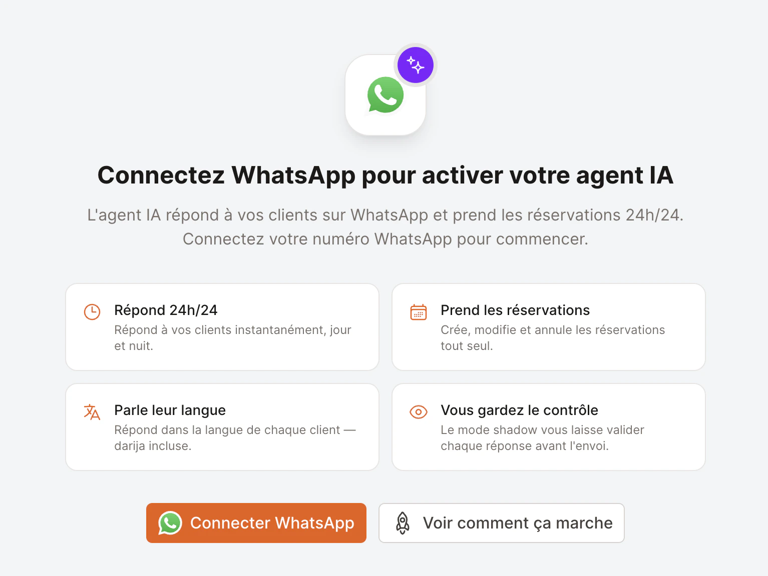 The AI Agent empty state inviting you to connect WhatsApp