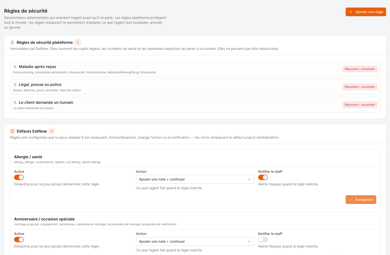 The safety rules page with platform, default and custom rules